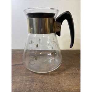 Corning Pyrex Atomic Gold Starburst Glass Coffee Pot Carafe 6 cup MCM Vintage